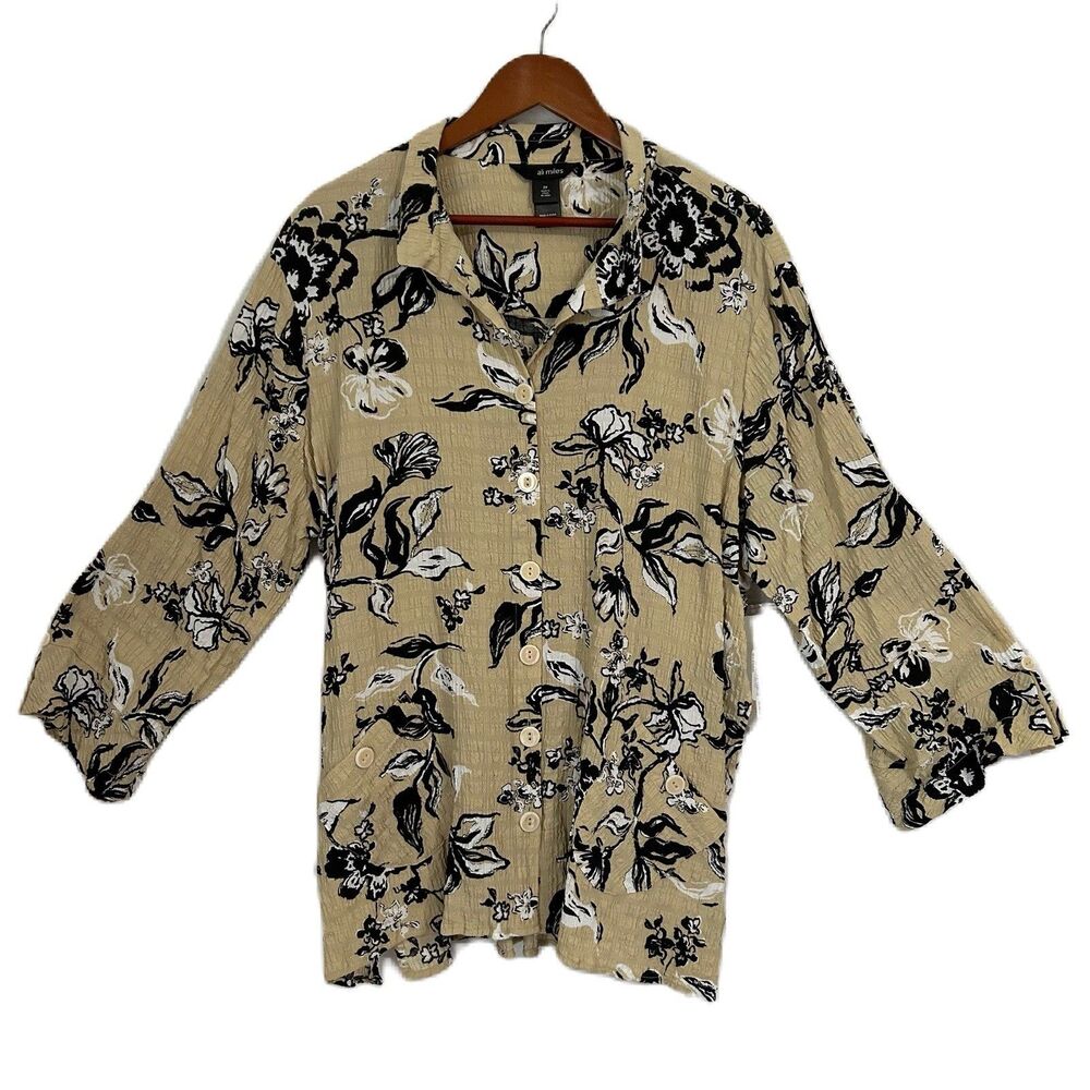 Ali Miles Blouse Women 2X Khaki Black White Floral Seersucker Tunic Cottage NWT
